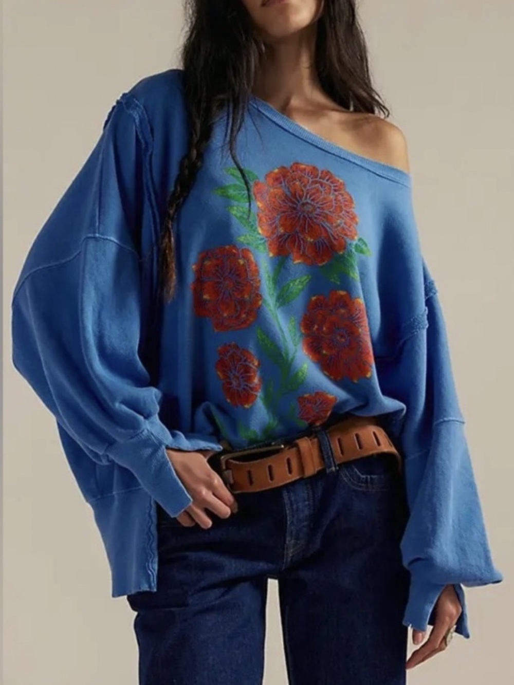Free People We The Free Graphic Camden Pullover in Blue Floral Print NWT
